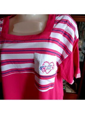 XL Vintage T-shirt 90's Padded Pink Striped Square Neck Embroidered Pocket